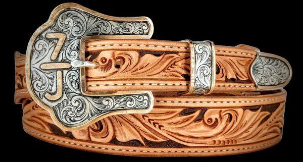 Natural and Brown Rolling River Patterned Belt with Edge Border Stitching and Custom Buckle