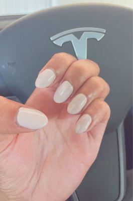 Almond shaped nails with DND Pearl Pink Gel Nail Polish Angle 1