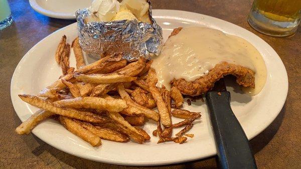 Chicken fried steak with loaded baked potato