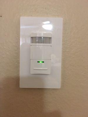 Occupancy motion switch. Set to turn off after desired time programmed.Useful when those kiddos forget to turn lights off.