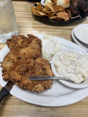 Chicken fried chicken, mashed potatoes, smoked Mac and cheese