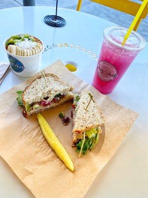 Moroccan Turkey Sandwich with a Pitaya Bowl and Seasonal Lemonade.