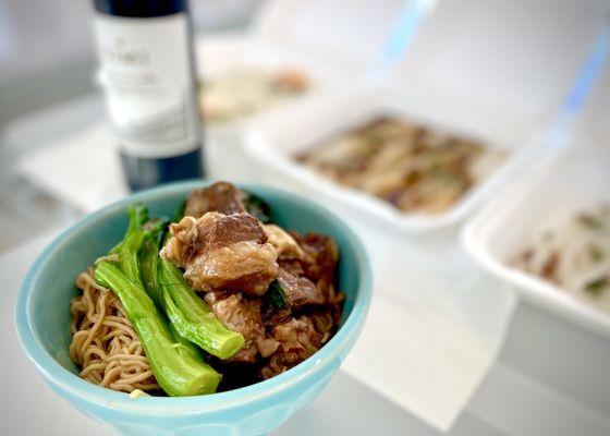 XO Sauce Beef Stew LoMein with three types of rice noodle rolls in the background