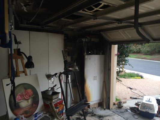 Garage fire destroys garage, entire home smoked damaged.