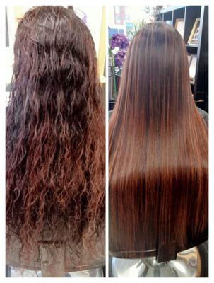 Before and after the permanent hair straightening.