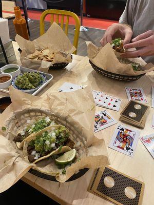 Chips and guacamole; elk carne asada tacos