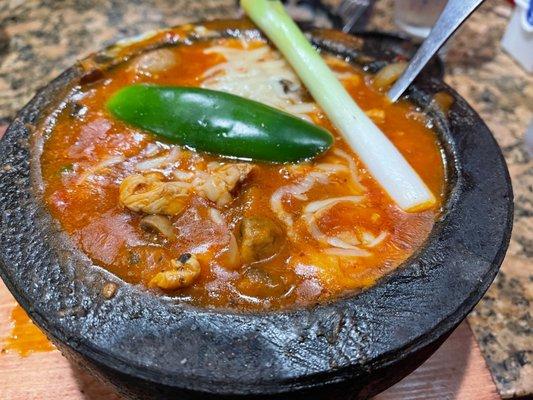 Molcajeta chicken mushroom, onion, cheesy goodness