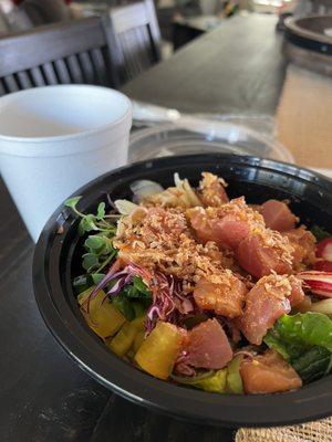 2 protein large bowl, half rice half salad, salmon & tuna. Miso soup add