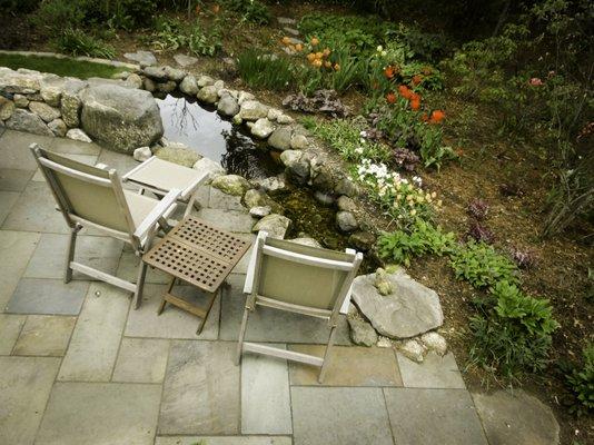 Backyard stream and bluestone patio, Arlington, MA (design by Sally Naish)