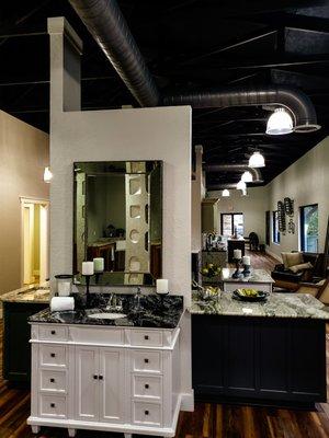 Bathroom vanity in showroom.