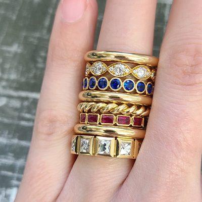 Colorful stack bands in 18 karat yellow gold