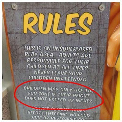 Rules state children must not be taller than 42 inches (3 ft' 6in).