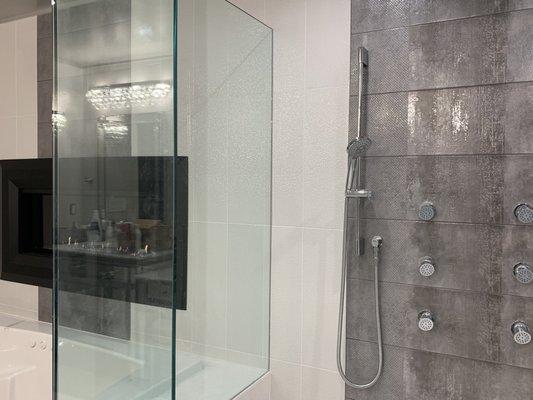 Master Bathroom Thermostatic Shower System with rain Shower Head and Slide Rail Kit & 6 body sprays