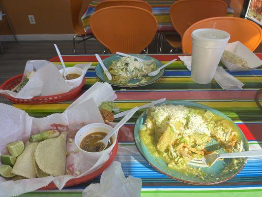 Enchiladas verdes, empanadas and tacos