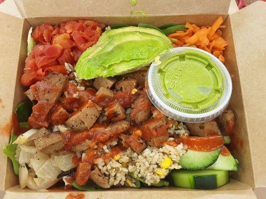 BBQ Seitan Salad on Quinoa with avocado.