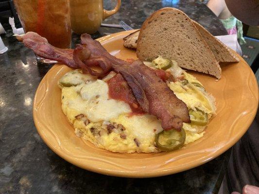 Barcelona omelette with rye toast and side of bacon