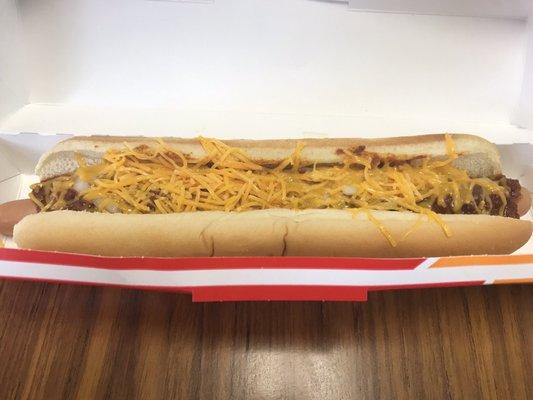 Footling chili dog with cheese and onion