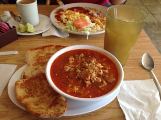 Menudo and a glass of horchata