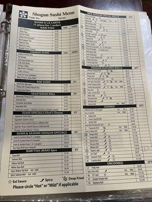 Sushi order form with pricing.