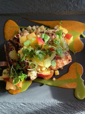 Swordfish with peaches, corn, green tomatoes and a Green Goddess sauce