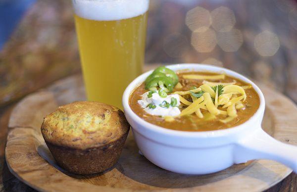 Buffalo chili with cowboy cornbread and a craft beer