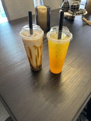 Mango bubble tee with Mango bursting topping and a new one we've never had!! Both are amazing!