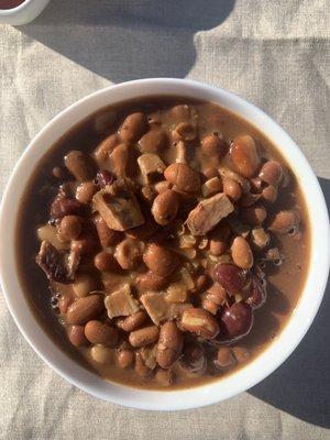 Baked Beans with Sautéed Onion + Brisket Bits