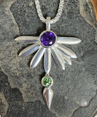 Sterling silver floral necklace with amethyst and green tourmaline, by Ellie Thompson