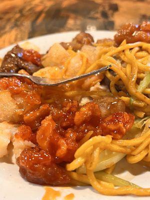 Lo mein and assorted items