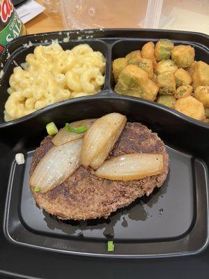 Angus chop steak, fried okra, and mac n cheese