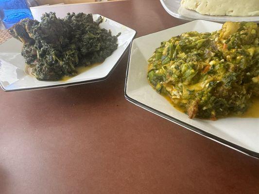 Pounded yam, vegetable soup, okra soup