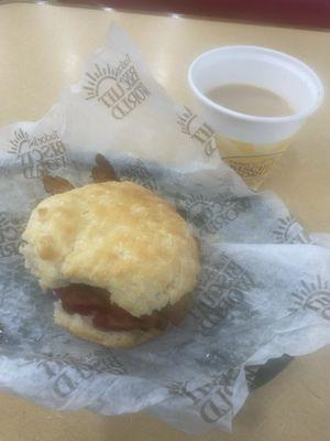 Small coffee and nice sized bacon biscuit