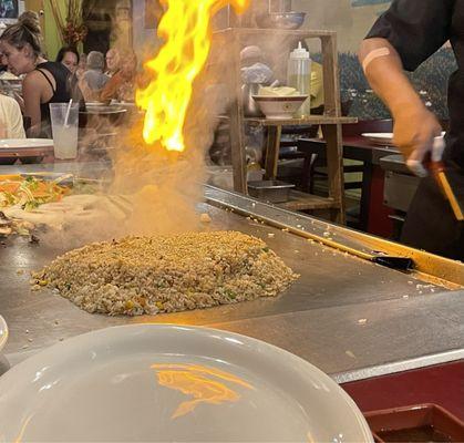 Fried rice and onion volcano