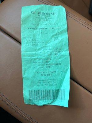 Receipt for service not delivered or complete