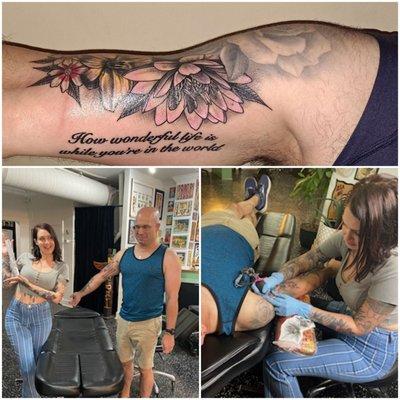 25th Anniversary tattoo by Cait.  Flowers from our Garden and lyrics from our song.