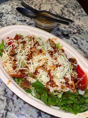 Keto chicken salad (chicken, greens, guac, and salsa OTS) w/ added fajita veggies, cheese, & a drizzle of the Chipotle Tabasco