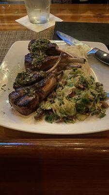 Grilled New Zealand lamb chops and shaved Brussels sprouts with bacon and dates