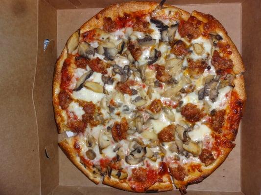 small sausage & mushrom pizza, at Terryville Pizza House in Terryville, CT.