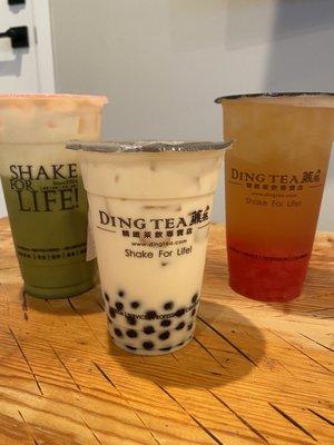 L-R: Matcha Latte with soy milk, Jasmine Green Milk Tea with black boba, Lychee Tea with strawberry jelly