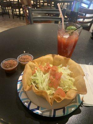 Tuesday night taco salad, homemade salsa and a bloody Mary.