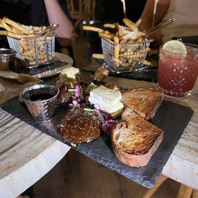 Cheese board, truffle fries, slider, and Mexican Mule.