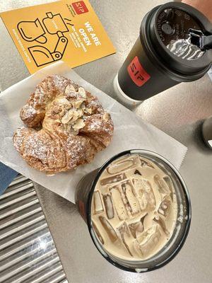 Iced oat milk coconut coffee latte (soooo gooood!!) and an almond croissant.