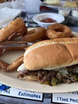 Cheesesteak and onion rings