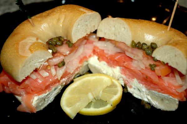 Freshly sliced nova, cream cheese, tomatos, onions and capers