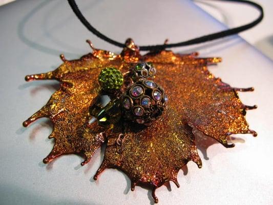 Copper plated actual leaf with cluster of Swarovski crystals and beads