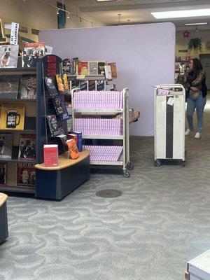 Inside with books for an author picture event