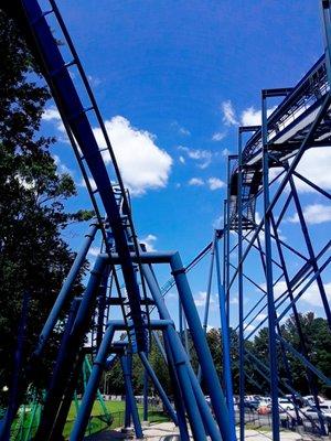 The diving drop and 105ft lift hill, with the first inversion (a vertical loop) pictured here!