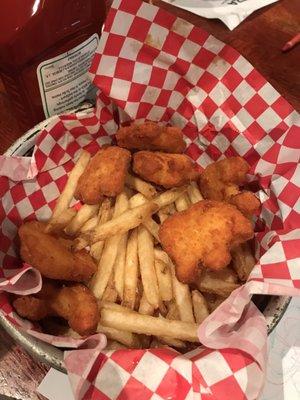 Kid's chicken bites. They are obviously pink sludge molded chicken nuggets, but were very tasty.