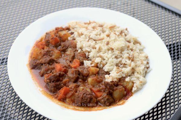 Braised beef ($20.95) with rice and orzo. Great!