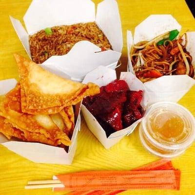 Pork fried rice, veggie lo mein, crab rangoon, boneless spareribs